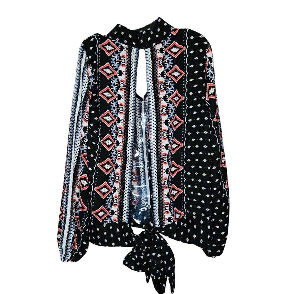 NEW Venus XS Black Red Geometric Tribal Print Mock Neck Tie Open Back Blouse Top